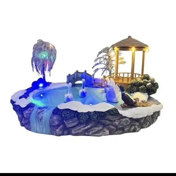 NIB St. Nicholas Square Village Swan Pond Christmas Decor Lights Music & Motion - Picture 9 of 9